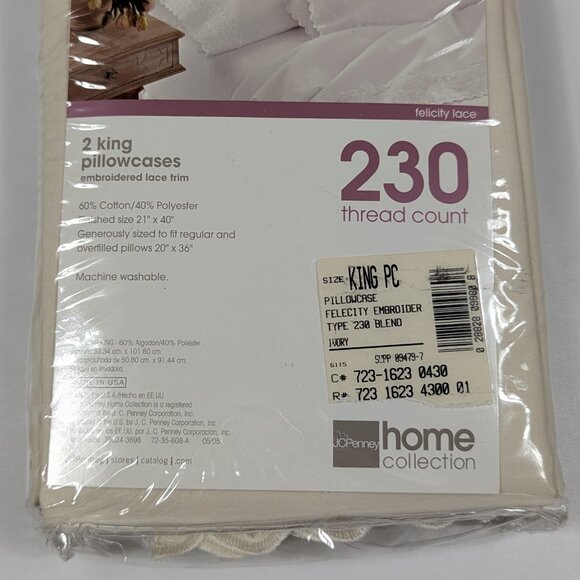 JC Penny Felecity Embroidered Lace Trim King Pillowcases in Ivory - Set of 2 - Picture 3 of 9